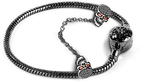 Gnoce Schwarz Schädel Charm Armband Mit Sicherheitskette 925 Sterlingsilber Weil ich dich liebe Schlangenkette Bettelarmband für Damen Herren (18, Style-1)
