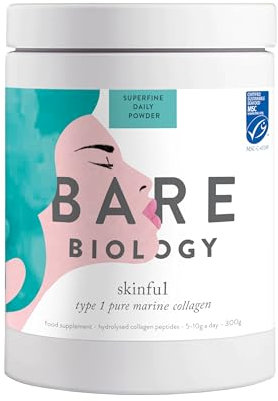 Bare Biology Skinful Pure Marine Collagen Powder. Quality Type 1 Peptide Collagen Supplements for Women. 300g/60 Servings.