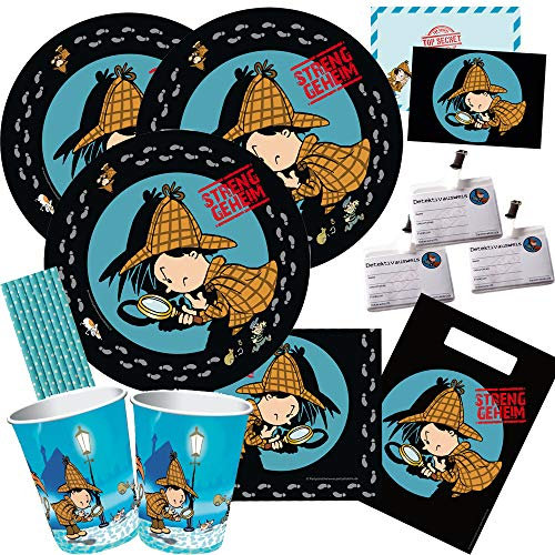 partystrolche/spielum 68-teiliges Party Set Detektiv Flo - Teller Becher Servietten Einladungen Tüten Ausweise Trinkhalme für 8 Kinder