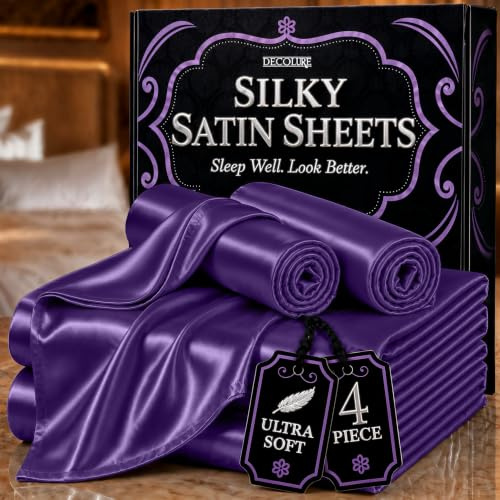DECOLURE Satin-Bettwäsche-Set, 4-teilig, seidig, luxuriös, weiche Satin-Bettlaken für Doppelbett mit 38,1 cm tiefer Tasche, Doppelnähte, knitterfrei, Violett