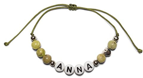 Majas Perlen Armband mit Namen Peridot Herz DQ - alle Größen einstellbar XS bis XXL - echte Edelsteine und Edelstahl - Geschenk Damen Herren Kinder Lieblingsmensch - Handmade Personalisierbar