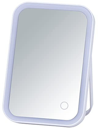 WENKO LED-Standspiegel Arizona, Kosmetikspiegel mit LED-Beleuchtung, Schminkspiegel schwenkbar, ideales Schminken & Rasieren, Touchfunktion für dimmbare Helligkeit, batteriebetrieben, 4 x 22 x 15 cm