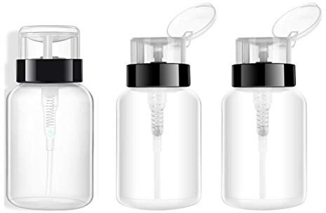3Pcs 200ml/6.8oz Push Down Empty Lockable Pump Dispenser Bottle for Nail Polish and Makeup Remover Facial Toner Portable Travel Refillable Plastic Clear Cosmetic Container with Black Flip Top Cap