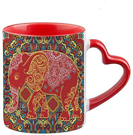 Traditional Retro Indian Elephant Oriental Ethnic Pattern Mug Vintage Colourful Decorative Hippy Boho Coffee Tea Cocoa Soup Daily use Mug. (Red Heart Handle Mug)