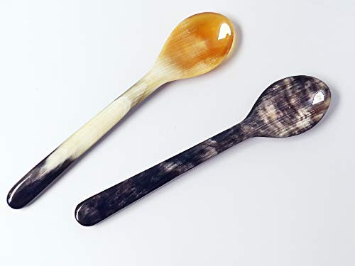 2 cucharas para huevos de cuerno, rectas, veteadas vivas, calidad 1A = 12 cm, 25 x 35 mm, natural, ecológicas, comercio justo