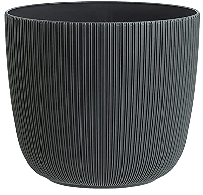 Engelland - 1 x Blumentopf mit Drainagesystem, Anthrazit-Grau, Rillenoptik, Pflanz-Topf, Kübel, modern, widerstandsfähig, rund, wetterfest, Kunststoff, Ø 25 cm, 8 Liter