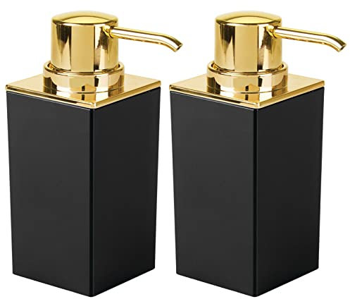 mDesign 2er-Set Seifenspender wiederbefüllbar – praktischer Pumpseifenspender mit ca. 300 ml Füllmenge – edler Lotionspender aus Kunststoff fürs Bad – schwarz und messingfarben