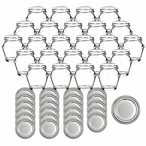 gouveo 24er Set Einmachgläser 106 ml Henkel mit Schraubdeckel - Leere Vorratsgläser zum Einkochen und Aufbewahren - Kleine Gläser für Selbstgemachtes (EGH106S)