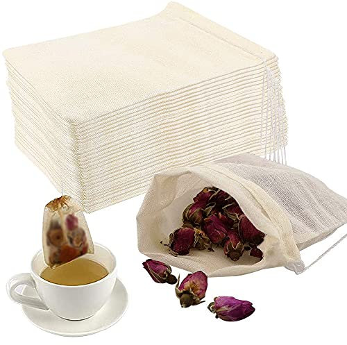 Teebeutel für Losen Tee Mehrweg 50pcs Leerer Teebeutel Baumwoll Musselin Beutel mit Kordelzug Wiederverwendbare Teebeutel zum Selbstbefüllen für Tee Kaffee Dufttee Gewürze Filter 8 x 10 cm
