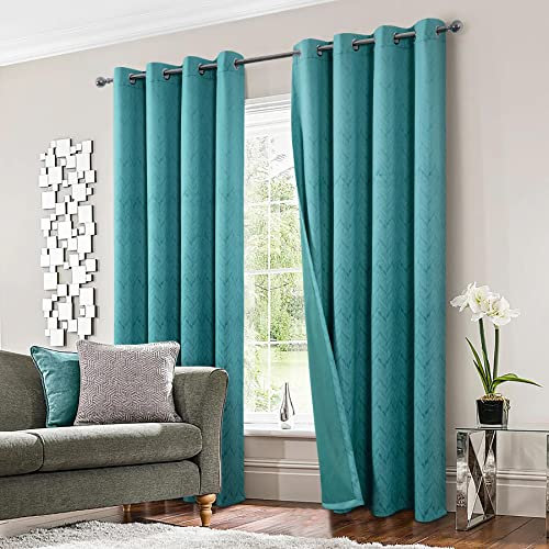 always4u 100% Blickdicht Vorhang Gardinen mit Muster Verdunkelung Ösenvorhang Kältschutz Thermogardinen Wärmeisolierend für Schlafzimmer Wohnzimmer, 245x140cm, Türkis, 2er Set