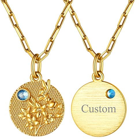 FOCALOOK Femme Collier Fleur de Cerisier Plaqué Or Personnalisable Pendentif Rond Serti de Pierre de Naissance Mars