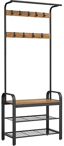 VASAGLE Garderobenständer, Garderobe, mit Schuhbank, 4-in-1 , 9 abnehmbare Haken, Kleiderstange, Eingangsbereich, Flur, 33,7 x 72 x 183 cm, Industrie-Design, walnussbraun-schwarz HSR040B41