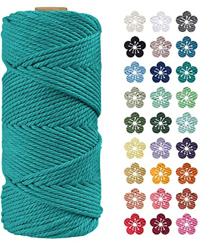LEREATI Makramee Garn 4mm x 100m Pfauenblau Baumwollkordel Natur Baumwollseil Farbig Baumwollgarn, Macrame Cord 4mm für DIY Geflochten, Makramee Deko, Hängepflanze, Wandbehang, Vorhang