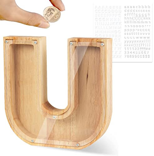 LEcylankEr Tirelire Personnalisée pour Enfants avec Lettres de A à Z en Bois Transparente - Décoration Créative - Cadeaux pour Anniversaire, Noël, Thanksgiving (U)