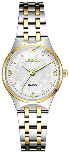 JewelryWe Damenuhr Quarz Analog Partner Freundschafts Armbanduhr Einfache Damen Uhr mit Gold Silber Edelstahl Armband und weißem Zifferblatt, Valentinstag Pärchen Geschenk für Frauen Mädchen