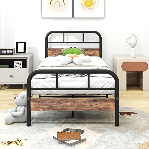 Diahomy Metallbett mit Lattenrost Bettrahmen Einzelbettrahmen/Schwarz+ Retro Braun/90X200cm