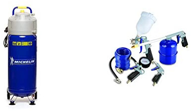 MICHELIN Compressore Aria Verticale MVX50/2, 2 CV, 50 Litri, Senza Olio, Kit Accessori 5 Pezzi, Pistola Soffiaggio a Canna Corta, Blu