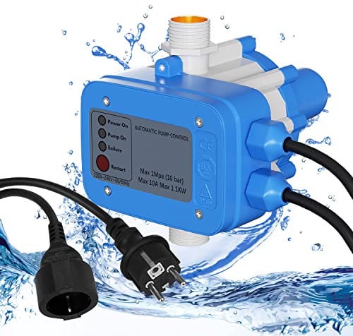 Ikodm Druckwächter Druckschalter, 10bar Pumpensteuerung mit Kabel, Elektronische Pumpensteuerung mit Druckmesser für Hauswasserwerk, Automatisches Ein- und Ausschalten, Blau