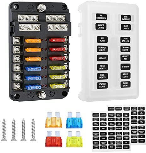 Cyleto 12V ATO Sicherungskasten KFZ 12 Fach Sicherungshalter 12pcs Standard Auto Sicherungen Sicherungsdose Sicherungsträger mit LED-Anzeige Schutzabdeckung für Motorrad Auto Marine