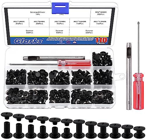 Glarks 110 set di 6 dimensioni Chicago viti rivetti in pelle con punzone e kit cacciavite, M5 x 4/5/6/8/10/12 mm Chicago Button Binding Post vite rivetti chiodo per fai da te in pelle artigianale