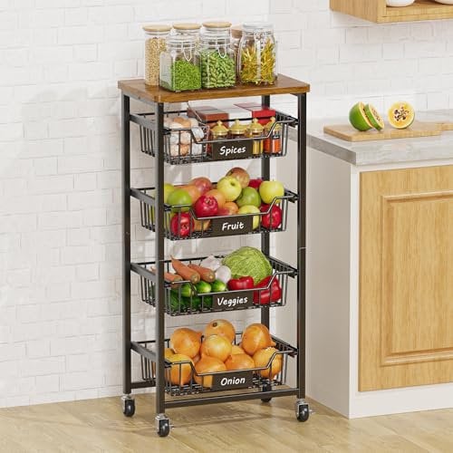 CHLORYARD 5-stöckiger Gemüse- und Obstkorb, Küchenaufbewahrung, Rollwagen auf Rädern, mit ausziehbaren Körben und Holzplatte, für Küche, Esszimmer, Speisekammer