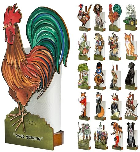 Looprints Fun Toilet Roll Storage & Kitchen Towel Holder Wooden Stand | Kitchen & Bathroom Decor & Accessories | Bryn Parry Cockerel, A Blend Of Farmhouse Decor & Functionality, A Great New Home Gift.