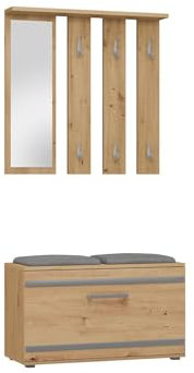 VBChome Garderobe Set 85 x 35 cm Eiche Artisan Schuhschrank Spiegel Kleiderbügel Schuhablagen Garderobe für Jacken Mantelgarderobe Flur Modern Eiche Artisan