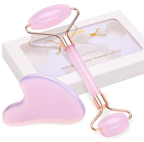 LUCKLING Rosenquarz-Gua-Sha- und Jade-Gesichtsroller-Set, Gua-Sha-Stein und Gesichtsroller sind Hautpflege-Werkzeuge für Frauen, Gesichtsmassagegerät für Gesicht, Augen, Hals, lindert feine Linien und