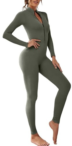 OEAK Damen Sport Jumpsuit Lang Eng Yoga Overall Langarm V-Ausschnitt Playsuits mit Reißverschluss Jogging Strampler Hosenanzug Trainingsanzug,Dunkelgrau,M