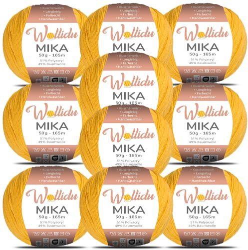 Wollidu Mika 51% Polyacryl 49% Baumwolle zum Häkeln und Stricken 10x 50g/165m Oeko-Tex Strickgarn Häkelgarn - Safran