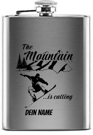 PR Print Royal Flachmann mit Gravur - Praktische Taschengröße | Silber, Edelstahl selbst gestalten, The mountain is calling, mit Name gravieren, 226 ml