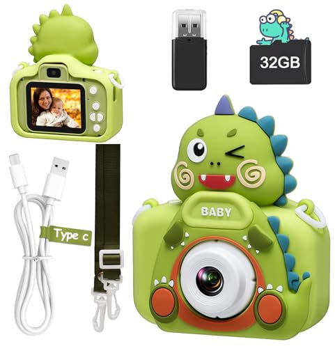 Sanfant Dinosaurier Kinderkamera,Kinder Kamera Fotokamera, 20MP 1080p HD Selfie Kamera 32GB SD-Karte mit Kartenleser Lanyard, 3 Spiele, Spieluhr, Geschenk Jungen Mädchen 4 5 6 7 8 9 Jahre