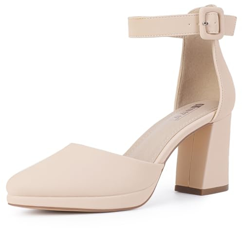 IDIFU IN3 Womens Closed Toe Heels Chunky Block Platform Pumps Pointed Toe Ankle Strap Dress Shoes for Women Comfortable Wedding Short Low Pumps Shoes(Nude Nubuck, 8.5)