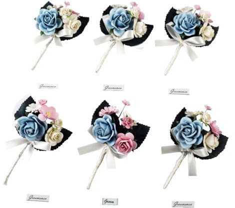 KADADSA Set mit 6 Ansteckblumen für Männer für Hochzeit, Bräutigam, Trauzeugen, Rosen, künstliche Blumen für Jahrestag, formelle Dinner-Party, Hochzeitszeremonie (blau)