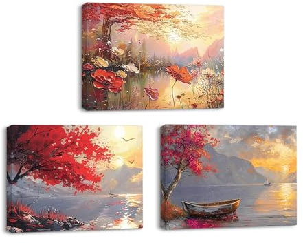Piy Painting Impression sur Toile de Arbre rouge, Peinture à l’huile paysages, Beauté de la Nature Tableau sur Toile, Décoration Murale Art Affiche pour Salon Cadeau Anniversaire 3 Pièces 40x30cm
