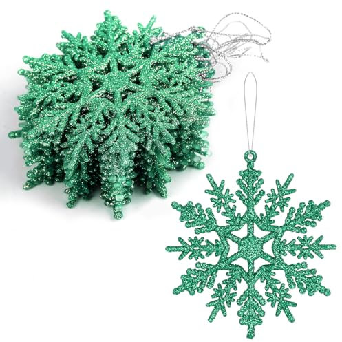 DERAYEE Décoration de Noël Flocon de Neige à Suspendre en Vert Foncé,Lot de 12 Pièces,Ensemble de Décoration Flocons de Neige Noël Or pour Arbre