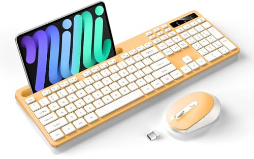 Wireless Keyboard and Mouse Combo, Soueto 2.4G Full-Sized Computer Keyboard with Phone Tablet Holder, 22 Multimedia Shortcuts, Numeric Keypad, 6 Button Silent Mouse for Windows, Mac (Orange)