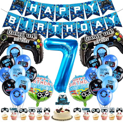 Hierein Videospiel Geburtstag Deko Set 7 Jahre, 37 Pcs Gaming Controller Luftballons Geburtstagsdeko Jungen, Folienballons Kindergeburtstag Deko für Jungen Mädchen, Geburtstag Spielthemen Party