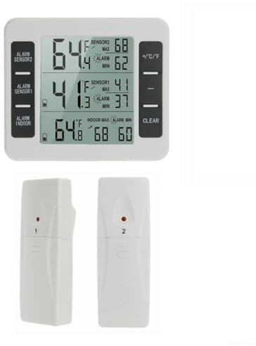 Besttoolifes Thermomètre de réfrigérateur sans fil avec 1 à 2 capteurs, moniteur numérique de température de congélateur, alarme, écran LCD pour la maison, la cuisine, portée de 100 m (2 capteurs)