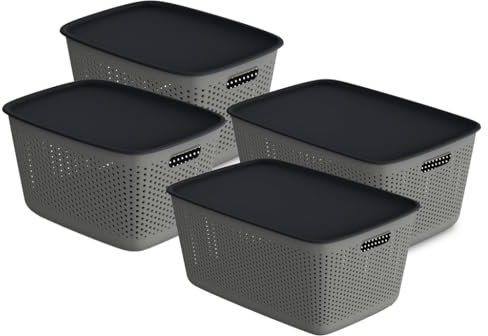 Kreher Mehrzweckkorb | Aufbewahrungsbox mit Deckel, in dezente Farbe aus Kunststoff. Ideal für Büro, Kleiderschrank, Schrank, Küche & Haushalt (Grau, 2 x 45 L + 2 x 17 L)