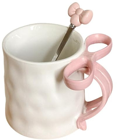Mug With Bow Handle, Pink Bow Mugs, Ceramic Coffee Cup With Spoon, Girl Heart Mugs offices Home Milk Breakfast Cup, Valentine's Christmas Birthday Thanksgiving Day Present For Women Friends Coworker