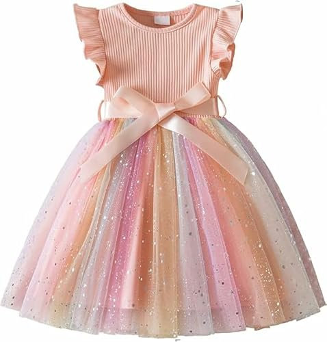 JiAmy Robes pour Filles en Tulle avec Broderie Florale - Robe de Printemps à Manches Volantes Arc-en-Ciel pour Enfants de 1 à 6 Ans, Rose, 2-3 Ans