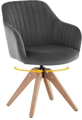 LEMROE Chaise de salle à manger pivotante à 360° en velours avec direction automatique, fauteuil de coiffeuse ergonomique avec pieds en bois et accoudoirs pour maison, bureau, réception, salon (gris)