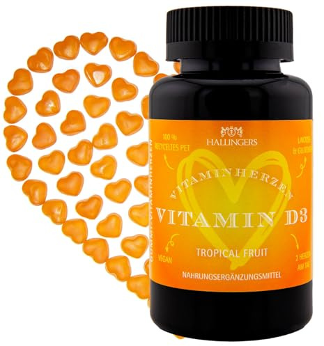 Hallingers Genuss Manufaktur Immunsystem Gummies Geschenk - 60 vegane Vitaminherzen Tropical Vitamin D3 hochdosiert 1000 IE, 25 mcg/Herz Vitamin D3, Herz, Geschenkidee für Frauen Männer