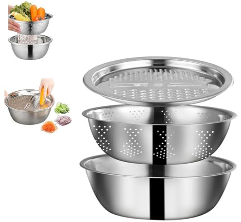 Multifunktionale Edelstahlschüssel, Mit Reibe 3 In 1 Gemüseschneider, Reisspüler Waschschüssel Sieb Schüssel Abtropfkorb, Auslaufschüssel Runder Haushaltswäsche Obstkorb