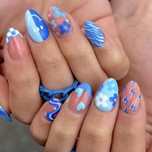 GlamRays Blue Press-on Nail Long False Almond Acrylic Nail Glossy Full-Coverage nail with Heart Wave Line Designs Lightning and Flowers 24 Pieces per Set