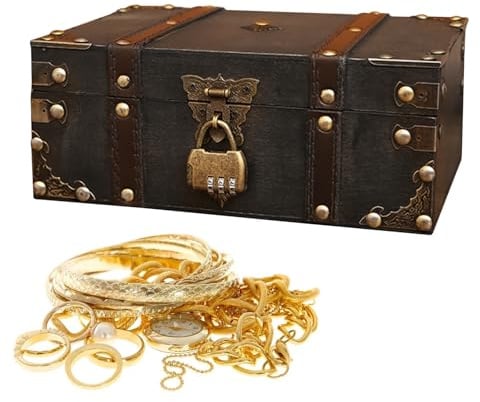 Schatzkiste Holz, Vintage Holz Schatztruhe Kinder mit Schloss, 24 * 17 * 9.5cm Piratenschatztruhe, Schatztruhe Box, Schatzkiste Kinder für Aufbewahrung Kindergeburtstag Dekoration Geschenke