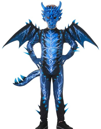 Déguisement Dragon Enfant Deguisement Halloween Enfant Costume Carnaval Garcon avec Ailes de Dragon Masque Queue Griffes pour Garçon Filles de 110 à 160 cm, de 4 à 13 ans