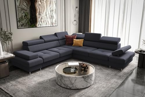 Friderik Ecksofa Galaxy MAX 276×276 cm mit Schlaffunktion – Stoffbezug Gemma, Verstellbare Kopfstützen, Bettkasten (Dunkelblau, Links)