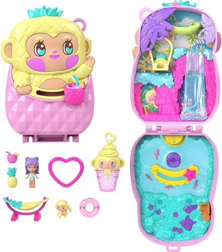 Polly Pocket Puppen und Spielset, Pineapple Monkey Spielbox | Reisespielzeug mit 1 Mikro-Puppe, Haustier, Hängematte, Zubehör mit Früchte-Thema, JKC49